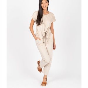Cream velvet cinch waist jumpsuit